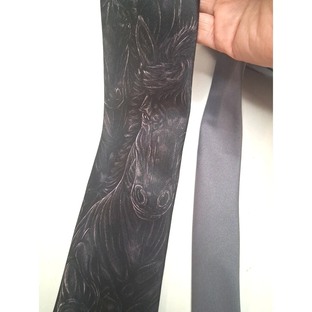 Ralph Marlin Necktie Black Wild Horses VTG Polyester 1988 Equestrian Derby Horse